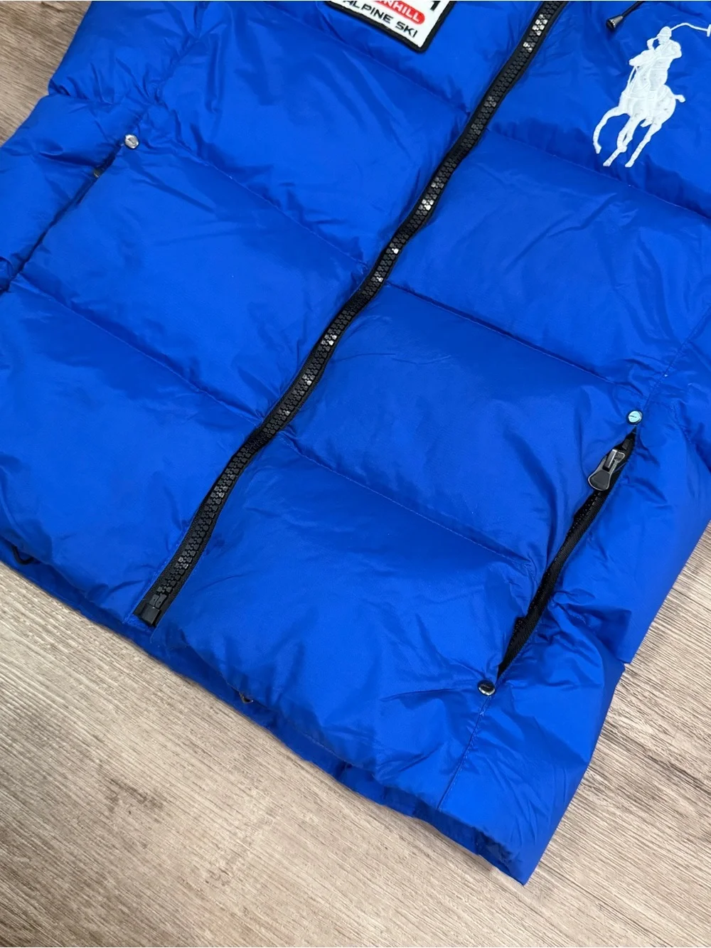 Polo Ralph Lauren Vest Medium Blue Hooded Down Puffer Big Pony USA Ski PRL 67